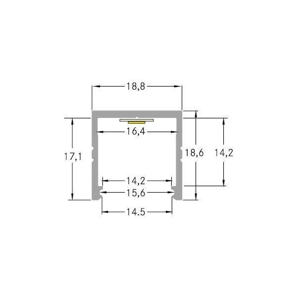 Technische Zeichnung eines U-Profils mit Bemaßungen: Breite 18,8 mm, Höhe 17,1 mm, Innenmaße 16,4 mm Breite, 14,2 mm Höhe.