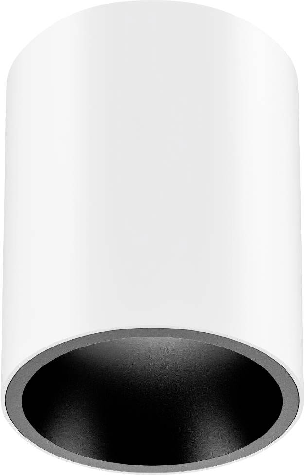 Zylinderförmige weiße Deckenleuchte mit schwarzem Innenbereich, geeignet für moderne Innenraumgestaltung.