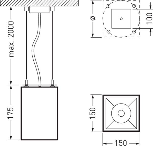 Technische Zeichnung einer Pendelleuchte mit Maßen: max. 2000 mm in der Höhe, Basis 150 mm x 150 mm, Höhe der Leuchte 175 mm.