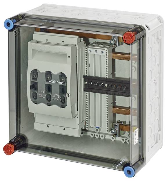 Ein graues elektrisches Schaltschrankgehäuse mit transparentem Deckel zeigt innenliegende Schalter und Anschlüsse.