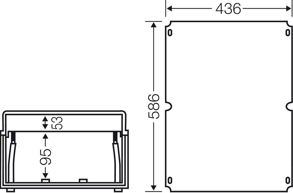Technische Zeichnung eines rechteckigen Bauteils mit Maßen: Breite 436 mm, Höhe 586 mm, Tiefe 95 mm, interne Höhe 53 mm.