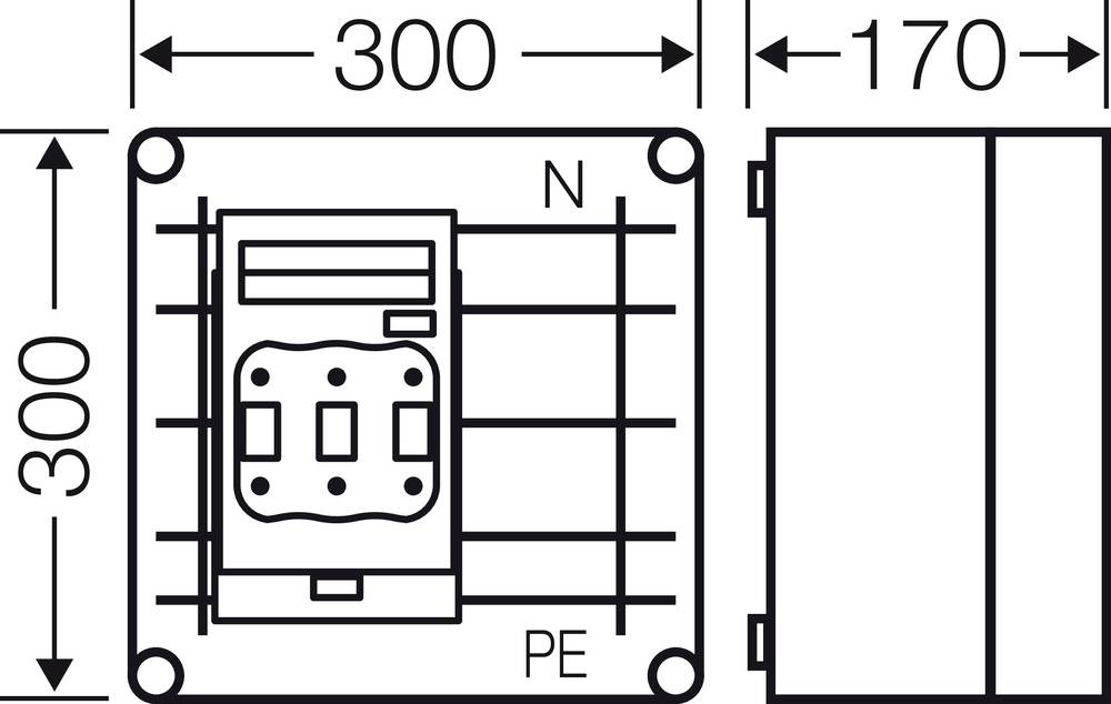 Technische Zeichnung eines Elektrokastens mit Abmessungen: 300x170x300 mm, markiert mit N und PE für Neutralleiter und Schutzleiter.