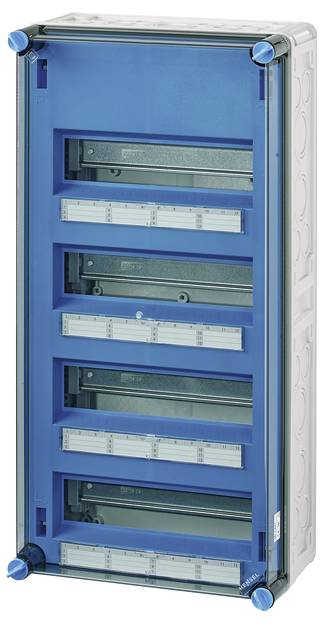 Blauer, sechsstufiger elektrischer Verteilerkasten mit durchsichtigem Gehäuse und seitlich sichtbaren Kabelanschlüssen.