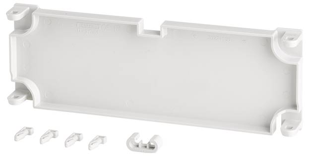 Rechteckige weiße Kunststoffabdeckung mit abgerundeten Ecken sowie fünf separaten Clips darunter.