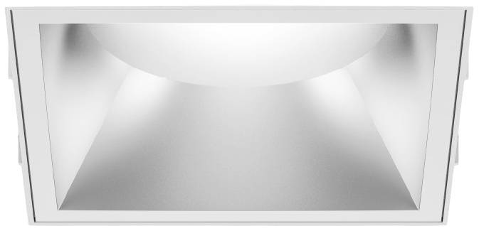 Ein rechteckiger, moderner LED-Deckenstrahler mit reflektierender, silberner Innenfläche. Ideal zur Beleuchtung von Innenräumen.