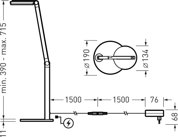 Technische Zeichnung einer Tischlampe mit verstellbarem Arm. Maße und elektrische Anschlüsse sind angegeben.