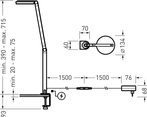 Technische Zeichnung einer Tischleuchte mit verstellbarem Arm, Klemmbefestigung, und Stromanschluss. Maße: Armhöhe 390-715 mm.