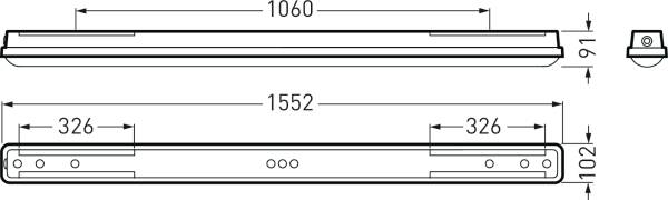 Technische Zeichnung einer länglichen Leuchte mit Maßen: 1552 mm Länge, 102 mm Höhe, 91 mm Breite. Seitenansicht zeigt Montagepunkte.