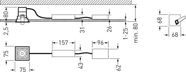 Technische Zeichnung einer Einbauleuchte mit Maßen: 75x75 mm, Einbauhöhe min. 80 mm. Kabelverbindungen und Abstände detailliert dargestellt.