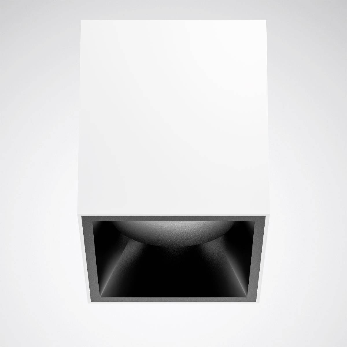 Eine rechteckige, weiße Deckenleuchte mit offenem schwarzem Innenbereich, geeignet für moderne Innenräume.