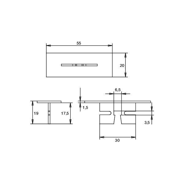 Technische Zeichnung eines rechteckigen Bauteils mit den Maßen: 55x20 oben, 6,5 Breite in der Mitte, 30 Breite unten, diverse Höhen.