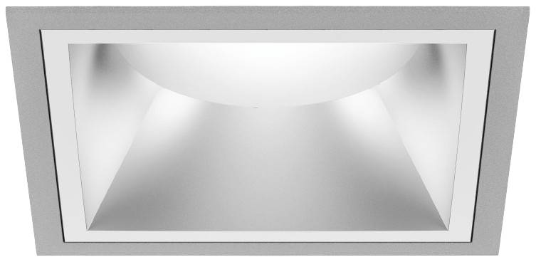 Eine quadratische Deckenleuchte mit modernem, silbernem Rahmen und reflektierender Innenfläche.