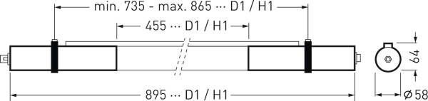Technische Zeichnung eines zylindrischen Objekts mit Maßen: Länge 895 mm, Durchmesser 55 mm. Weitere Maße: min. 735 mm - max. 865 mm.