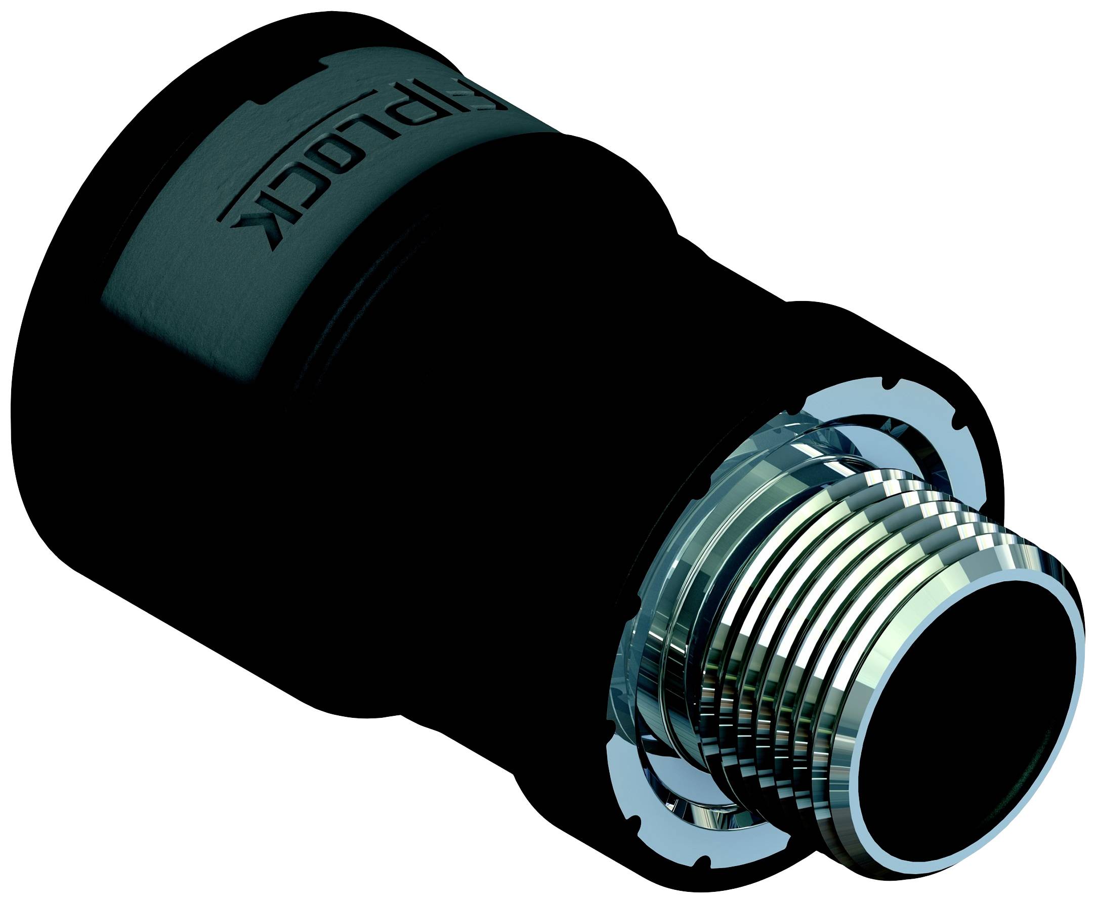 Ein schwarzer, zylindrischer Adapter mit Metallgewinde an einem Ende, möglicherweise für industrielle oder mechanische Anwendungen geeignet.