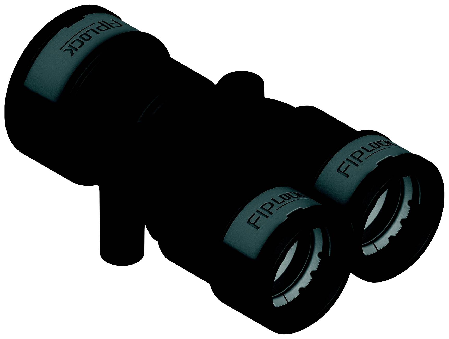 Fernglas schwarz mit blauen Details, Draufsicht.