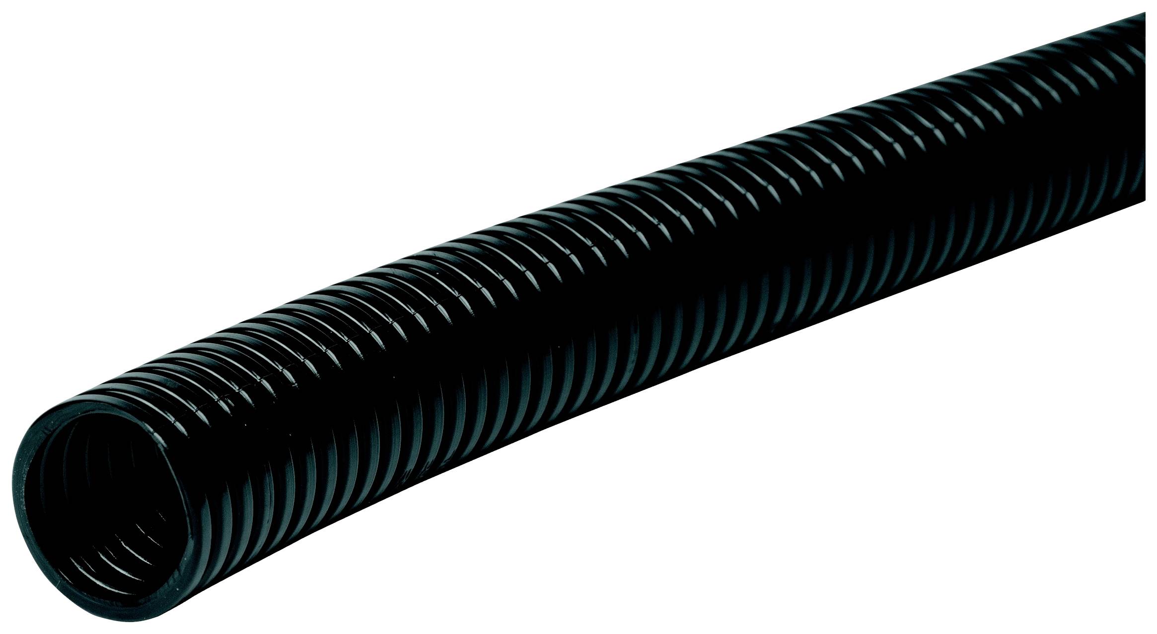 Ein schwarzer, flexibler Wellschlauch aus Kunststoff.