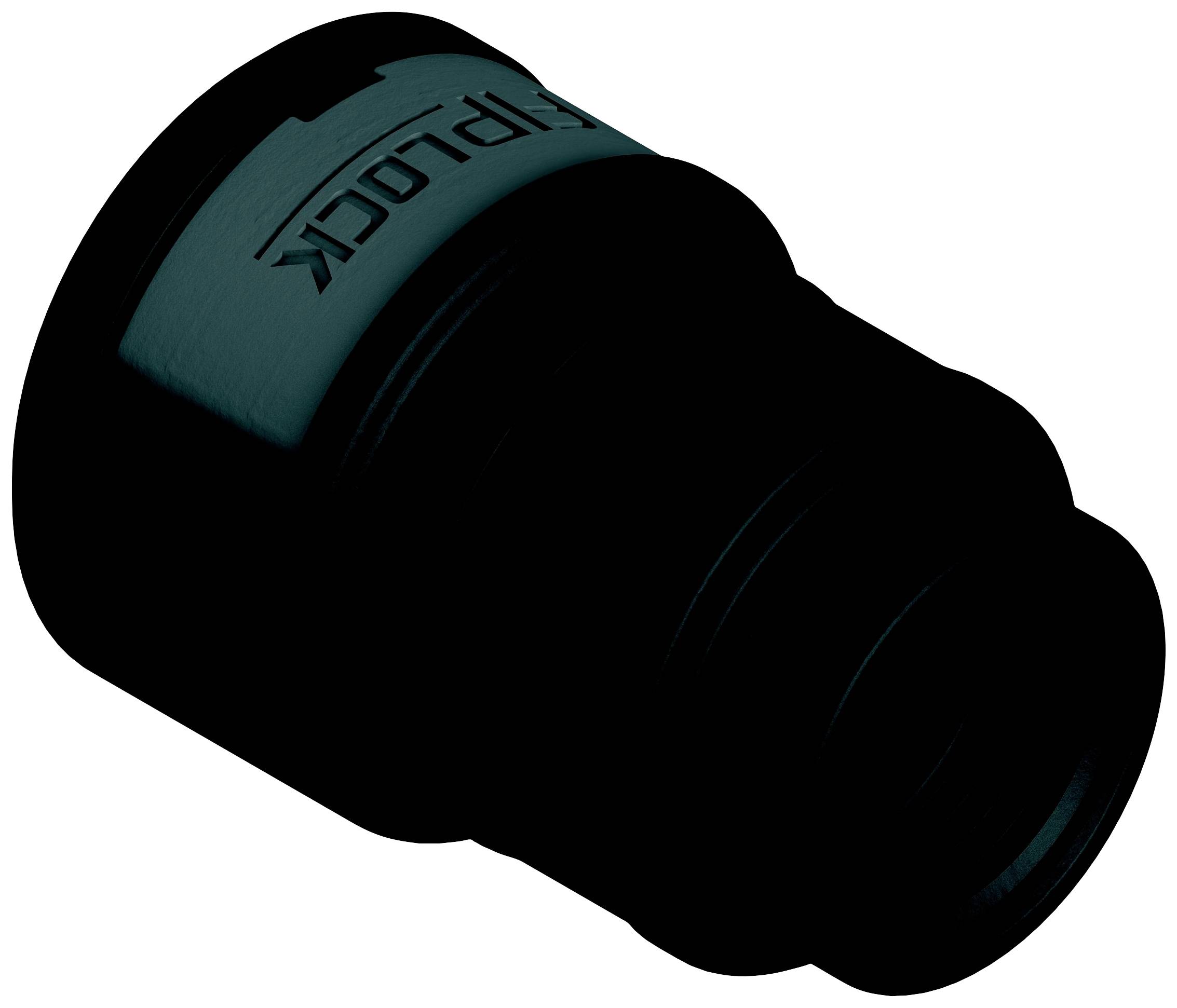 Schwarzes Kunststoffanschlussstück mit gerippter Außenseite, vermutlich für einen Gartenschlauch oder eine Rohrverbindung.