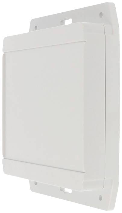 Weiße, rechteckige Abdeckplatte mit abgerundeten Kanten, zur Installation an einer Wand geeignet.