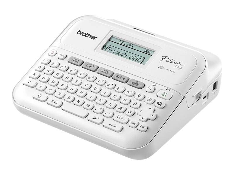 Beschriftungsgerät mit Tastatur und Display, das ein Etikett mit der Aufschrift 'P-touch D410' druckt.