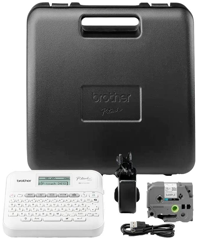 Ein tragbares Beschriftungsgerät mit QWERTZ-Tastatur, Display und Zubehör wie Ladekabel, Bedienungsanleitung und einem Beschriftungsband.