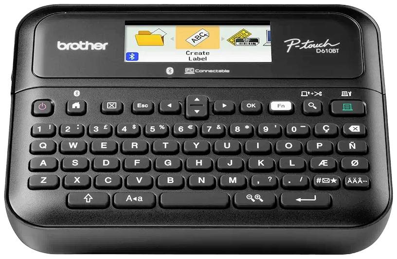 Elektronisches Beschriftungsgerät mit Tastatur und Display; Kombination aus Symbolen zeigt Bluetooth-Verbindung und Etikettenerstellung.