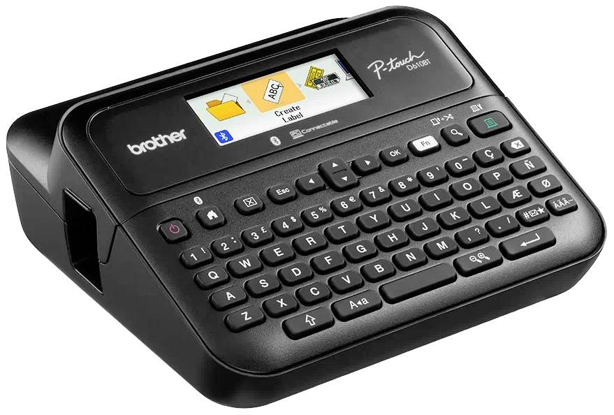 Beschriftungsgerät mit QWERTZ-Tastatur und Bildschirm. Zeigt 'E-Mail Etikett' auf dem Display. Von Brother, Modell P-touch GL-H105.