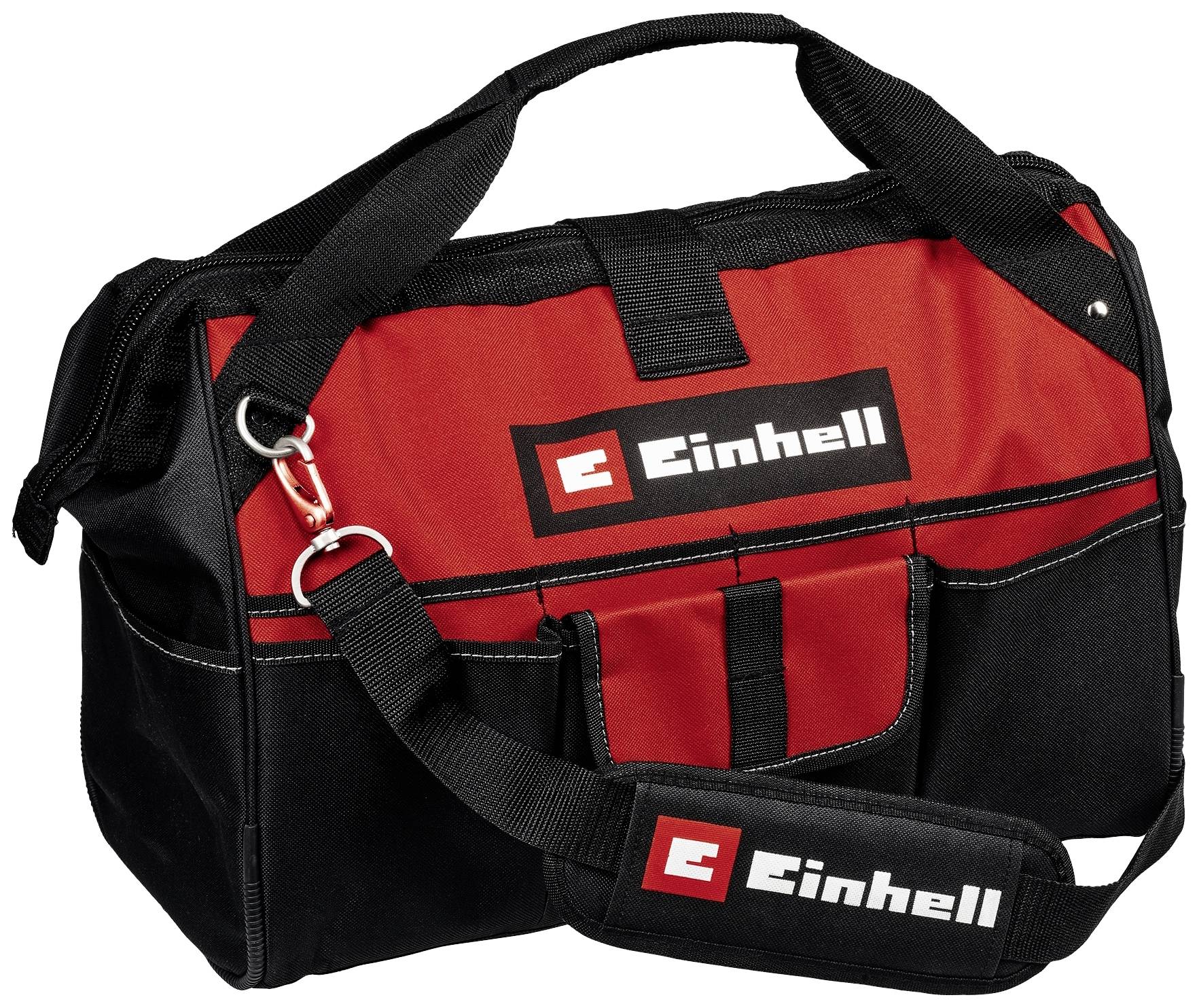 Eine schwarze und rote Werkzeugtasche mit Einhell-Logo, robustem Griff und verstellbarem Schultergurt, geeignet für verschiedene Werkzeuge.