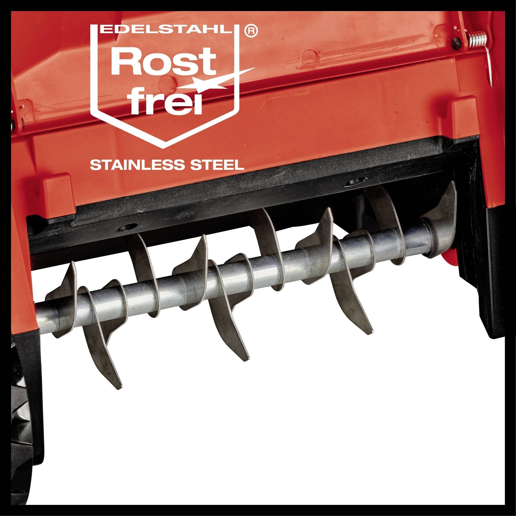 Ein rot-schwarzes Gerät mit Edelstahlschraube, im Hintergrund das Logo 'Edelstahl Rostfrei'.