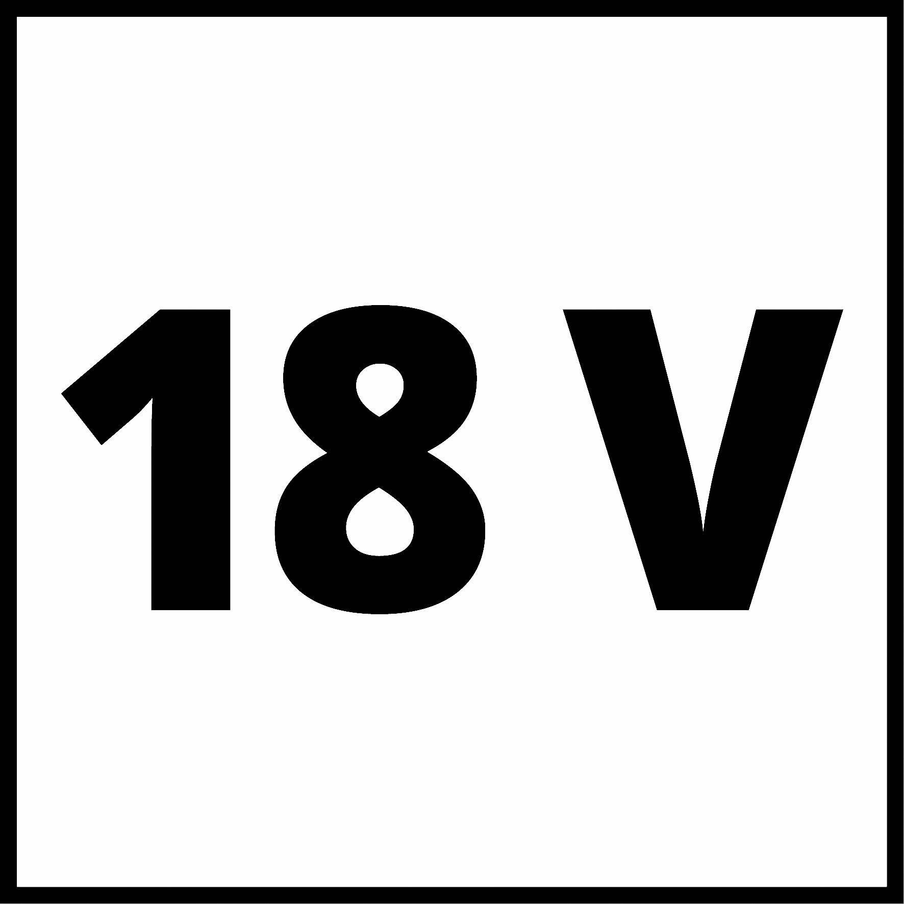 '18 V' in schwarzer Schrift auf weißem Hintergrund.
