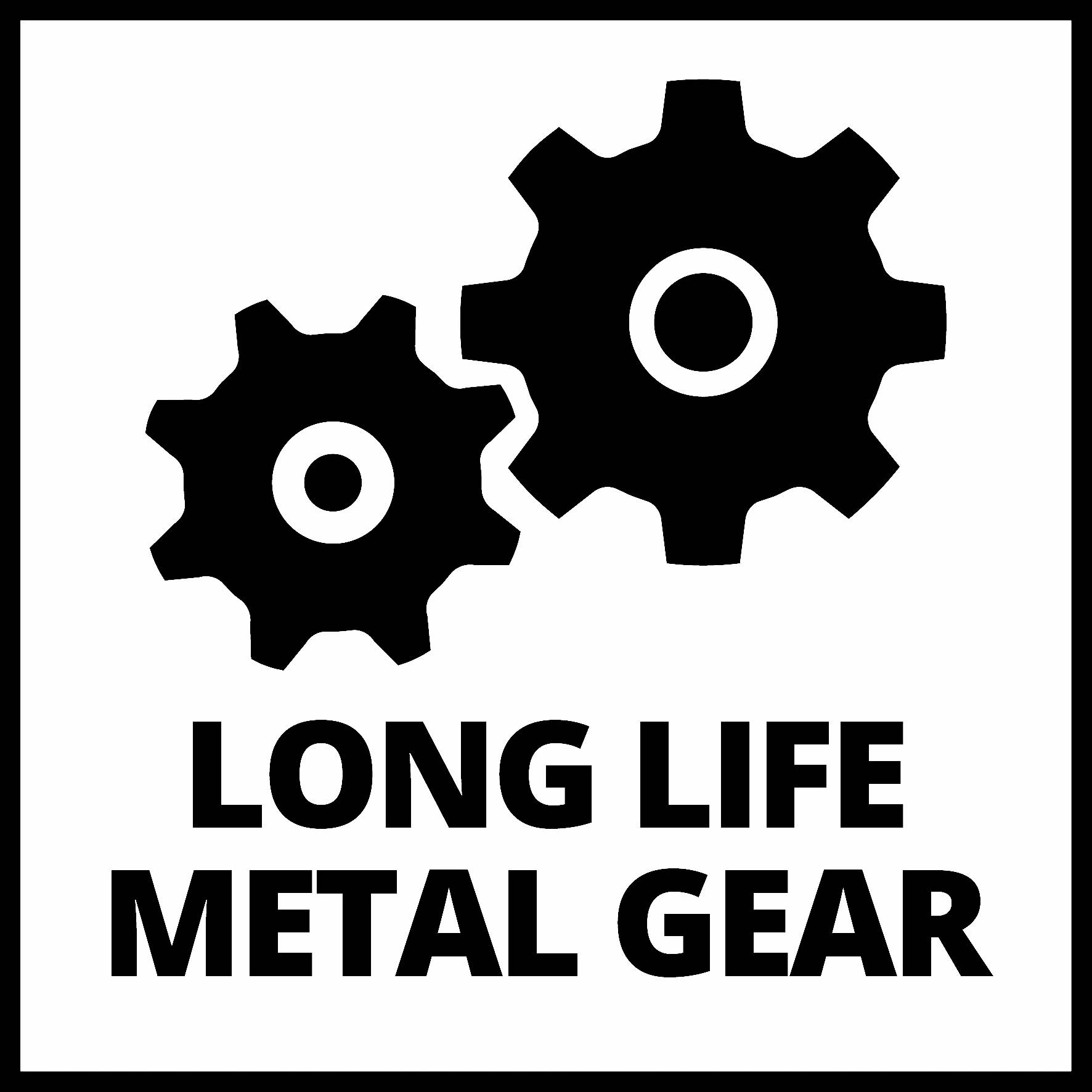 Zwei Zahnräder mit dem Text 'LONG LIFE METAL GEAR'. Symbolisiert langlebige Metallgetriebe.