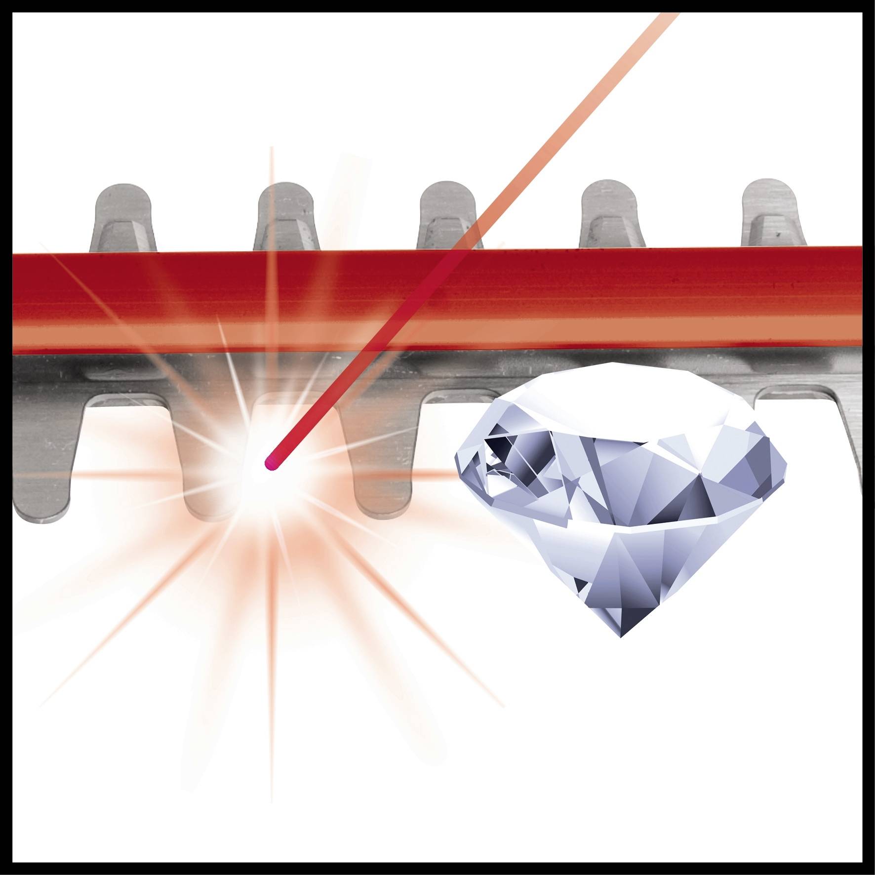 Ein roter Laserstrahl trifft auf ein rotierendes Sägeblatt neben einem glitzernden Diamanten und symbolisiert Präzision.