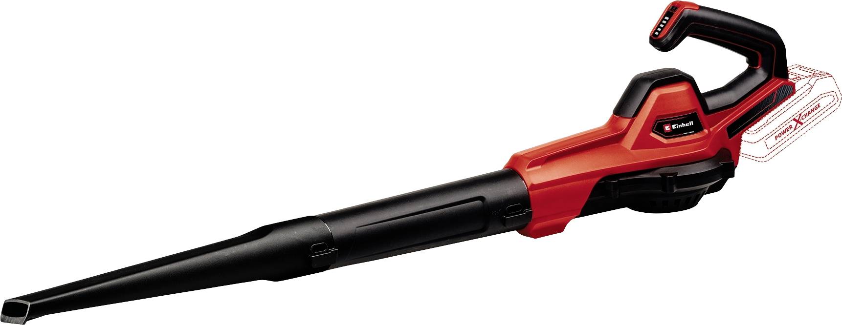 Akkubetriebener Laubbläser in Rot-Schwarz. Schlankes, ergonomisches Design mit langem Auslass zur effektiven Blätterbeseitigung.