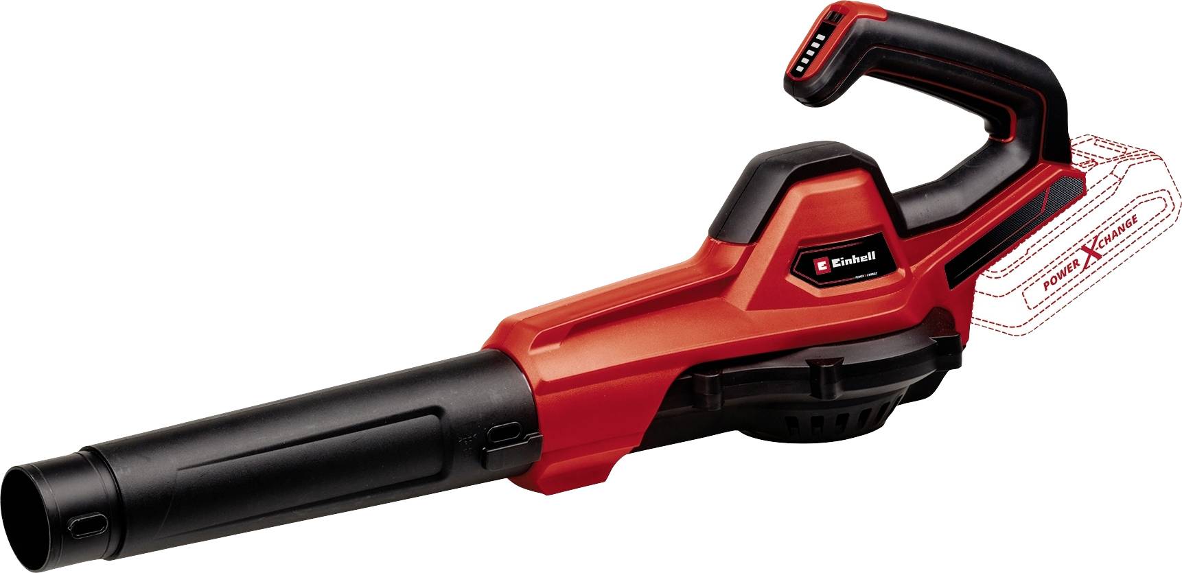 Ein rotes und schwarzes Akku-Laubbläsergerät mit ergonomischem Griff. Markenlogo ist auf der Seite sichtbar.