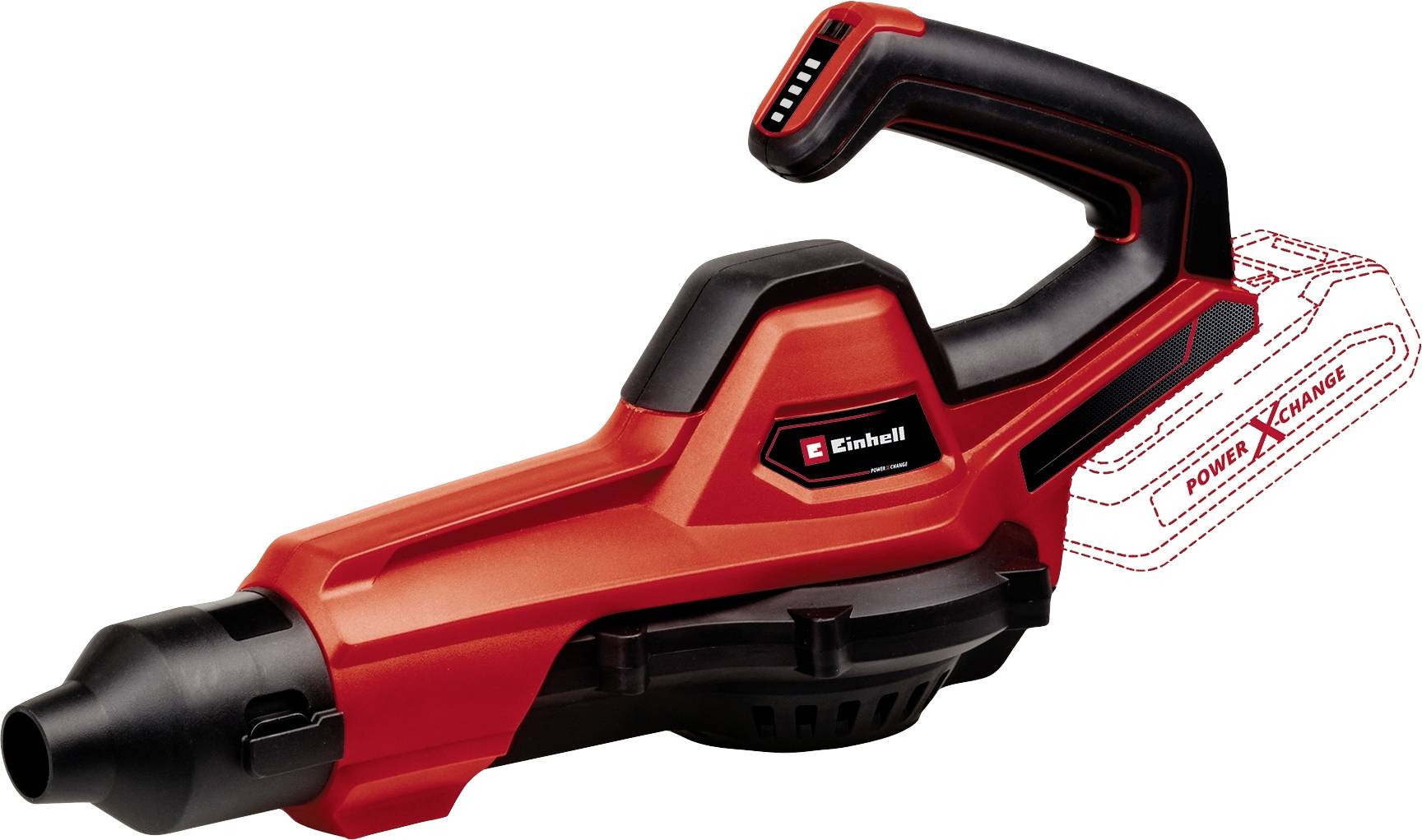 Ein roter, tragbarer Akku-Laubsauger mit ergonomischem Griff und seitlichem Anschlussfach. Ideal zum Aufsaugen von Laub im Garten.