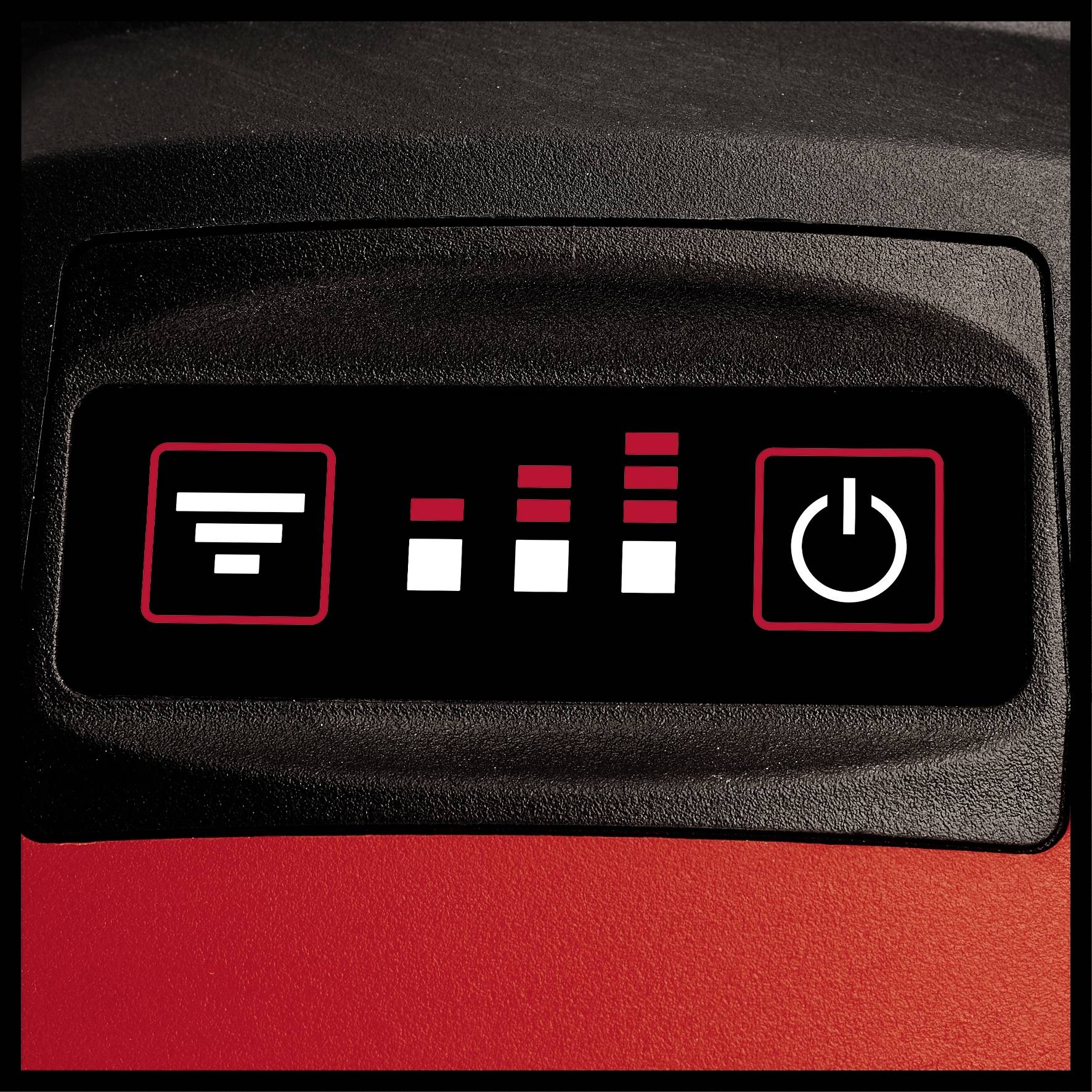 Anzeige mit Symbolen: links ein Filter, in der Mitte der Füllstand von leer bis voll, rechts ein Ein-/Aus-Schalter.