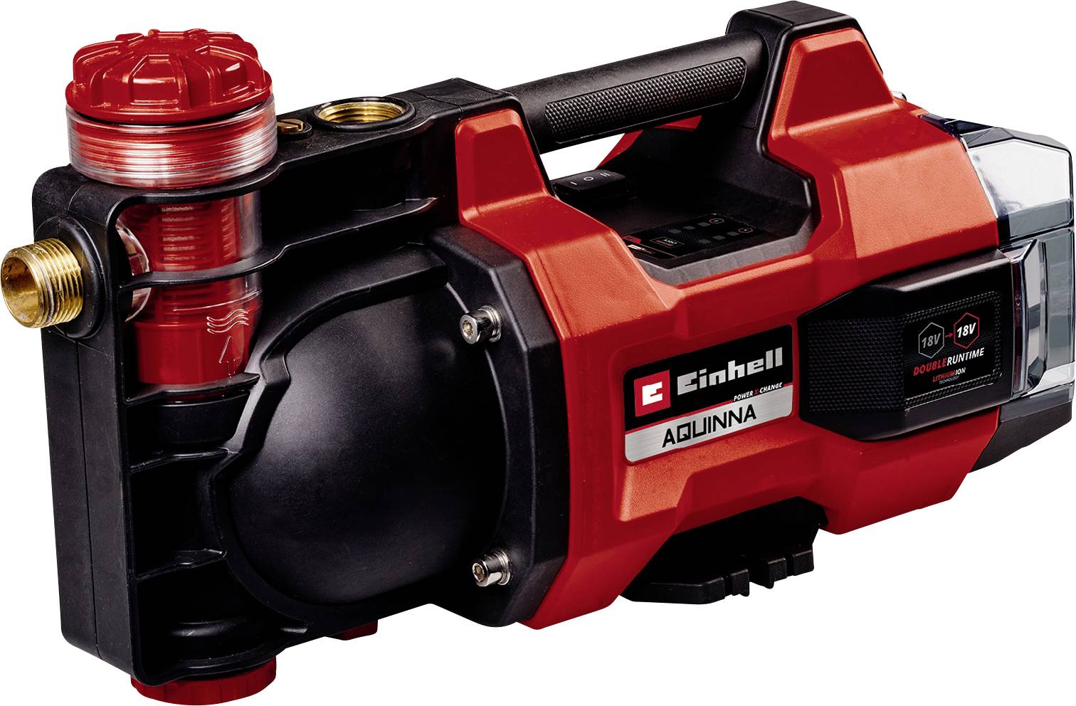 Rot-schwarze Einhell AQUINNA kabellose Wasserpumpe mit Griff, Messinganschlüssen für Ein- und Auslass und Batteriefach, gezeigt vor weißem Hintergrund.