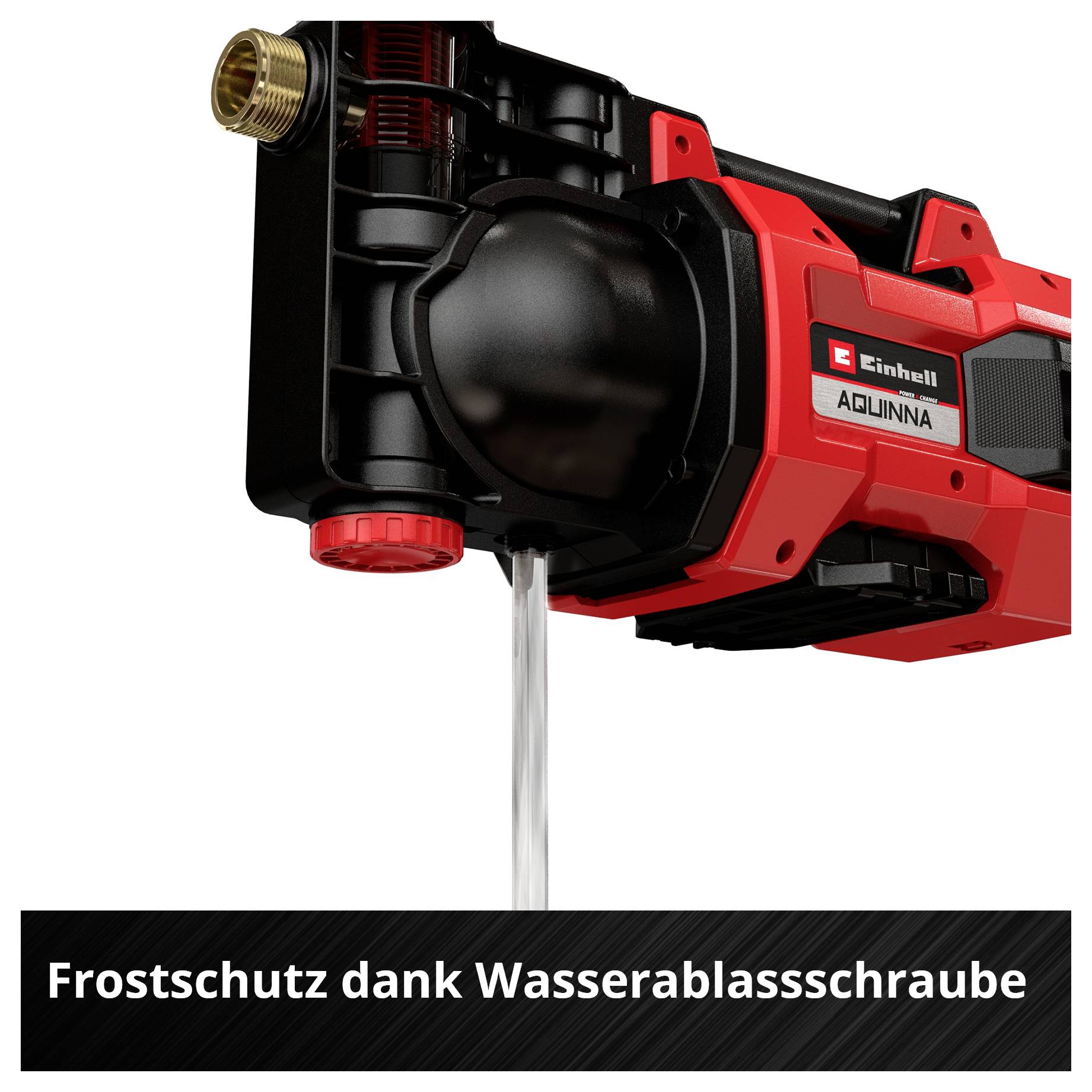 Rote Einhell AQUINNA Wasserpumpe mit Hinweis 'Frostschutz dank Wasserablassschraube'; unten Wasserablauf dargestellt.