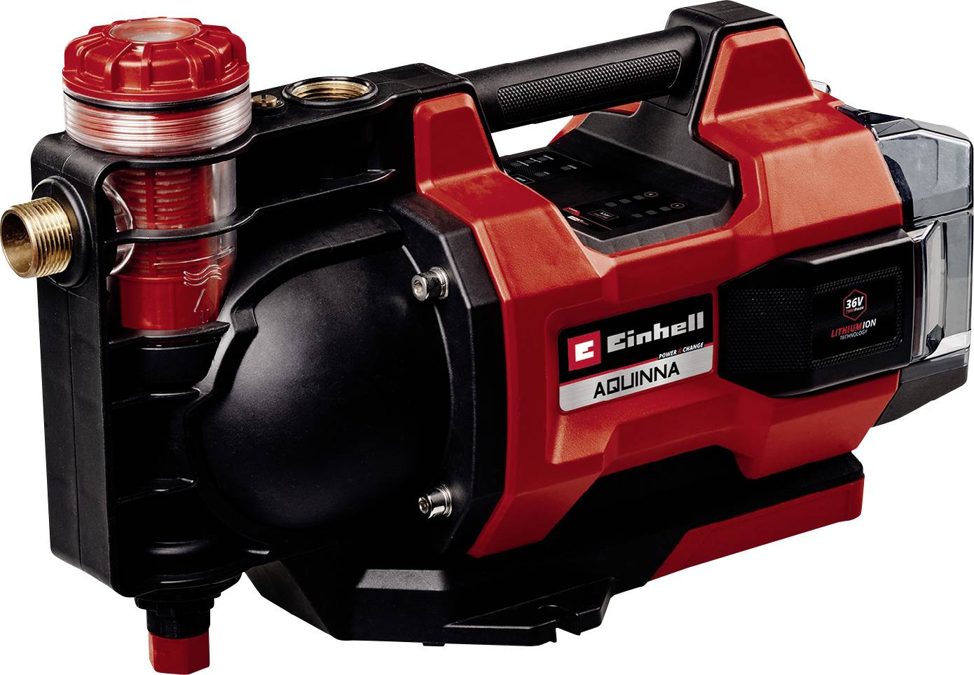 Rote und schwarze Einhell AQUINNA kabellose Wasserpumpe mit Griff, Messinganschlüssen und Batteriefach.