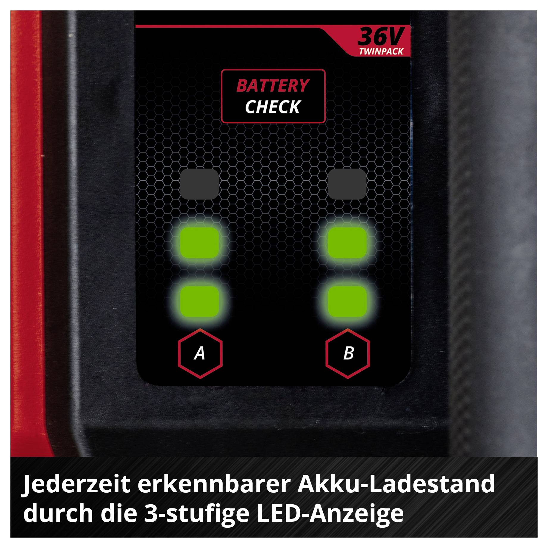 3-stufige LED-Batterieanzeige 'BATTERY CHECK' für 36V Twinpack; zwei Akkus A und B zeigen Ladestand mit grünen und grauen LEDs an.
