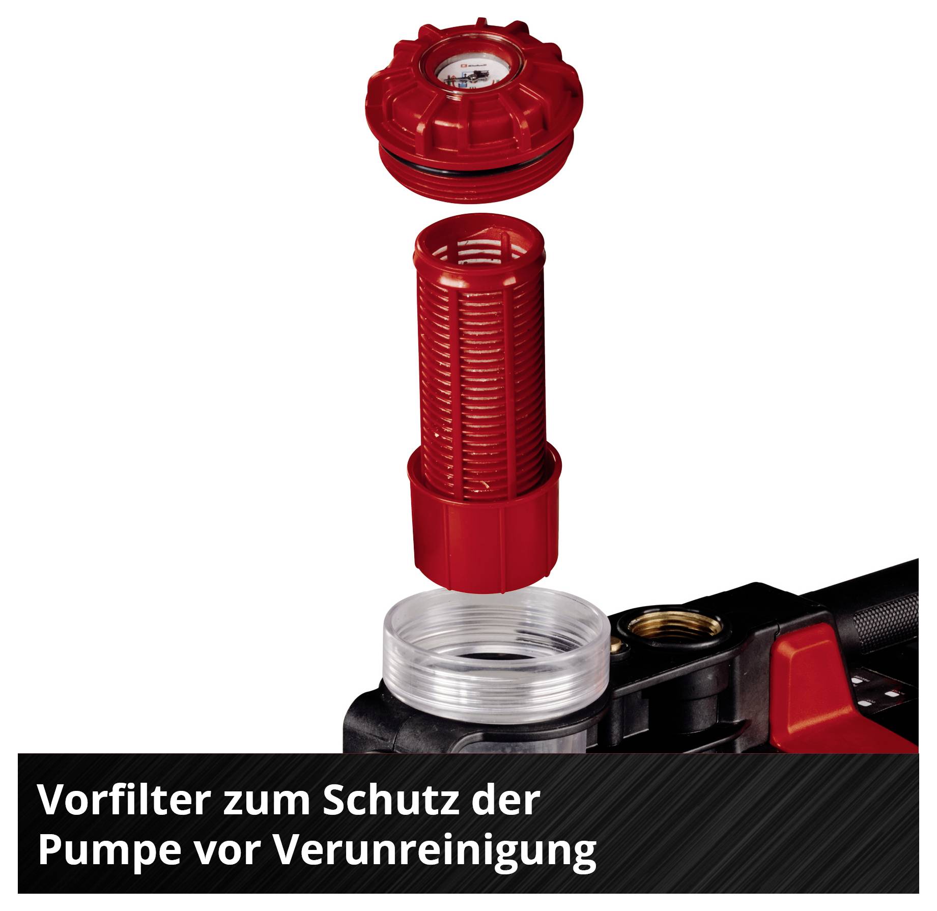 Roter Vorfilter für eine Pumpe als zerlegte Baugruppe; schützt die Pumpe vor Verunreinigung. Text: 'Vorfilter zum Schutz der Pumpe vor Verunreinigung'