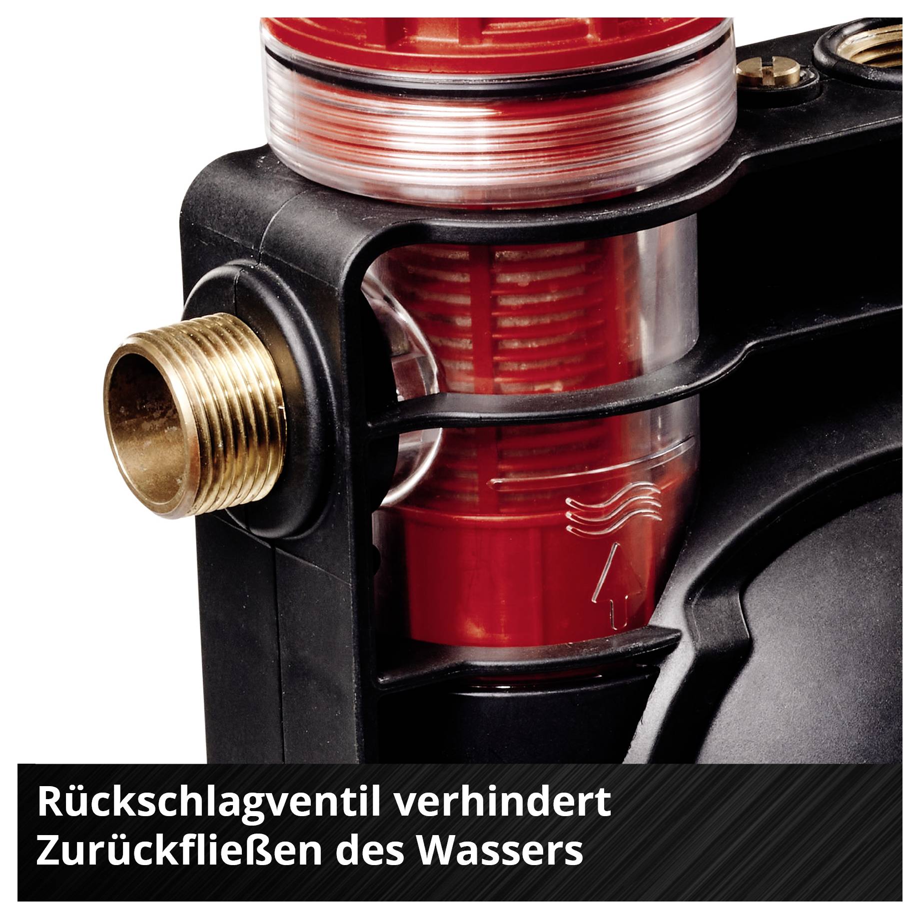 Nahaufnahme eines Rückschlagventils mit der Aufschrift 'Rückschlagventil verhindert Zurückfließen des Wassers'; es zeigt den Wasserfluss in einem Rohrsystem.