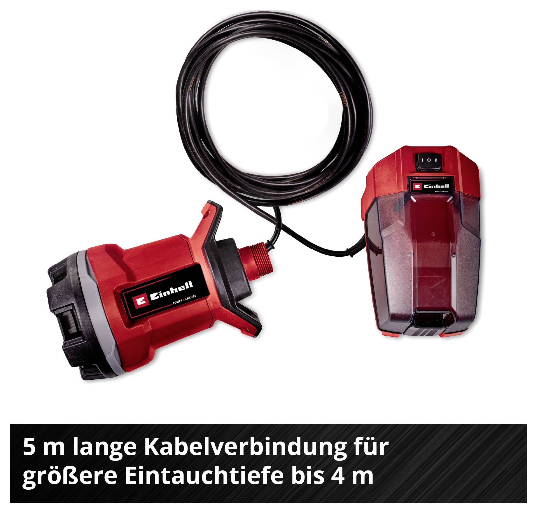 Rote Tauchpumpe der Marke Einhell mit schwarzem Griff, geeignet für den Einsatz zur Wasserförderung aus Tiefen.