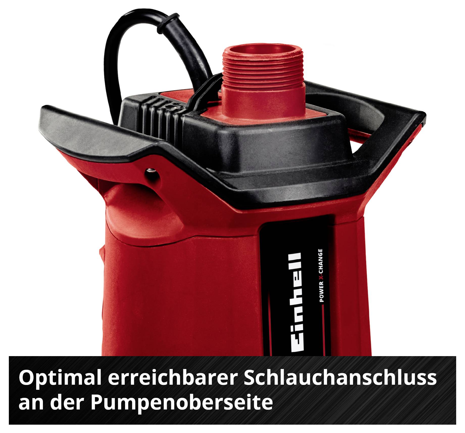 Akkubetriebene Tauchpumpe von Einhell in Rot und Schwarz, links mit großem Schraubgewinde, rechts ein durchsichtiges Gehäuse.