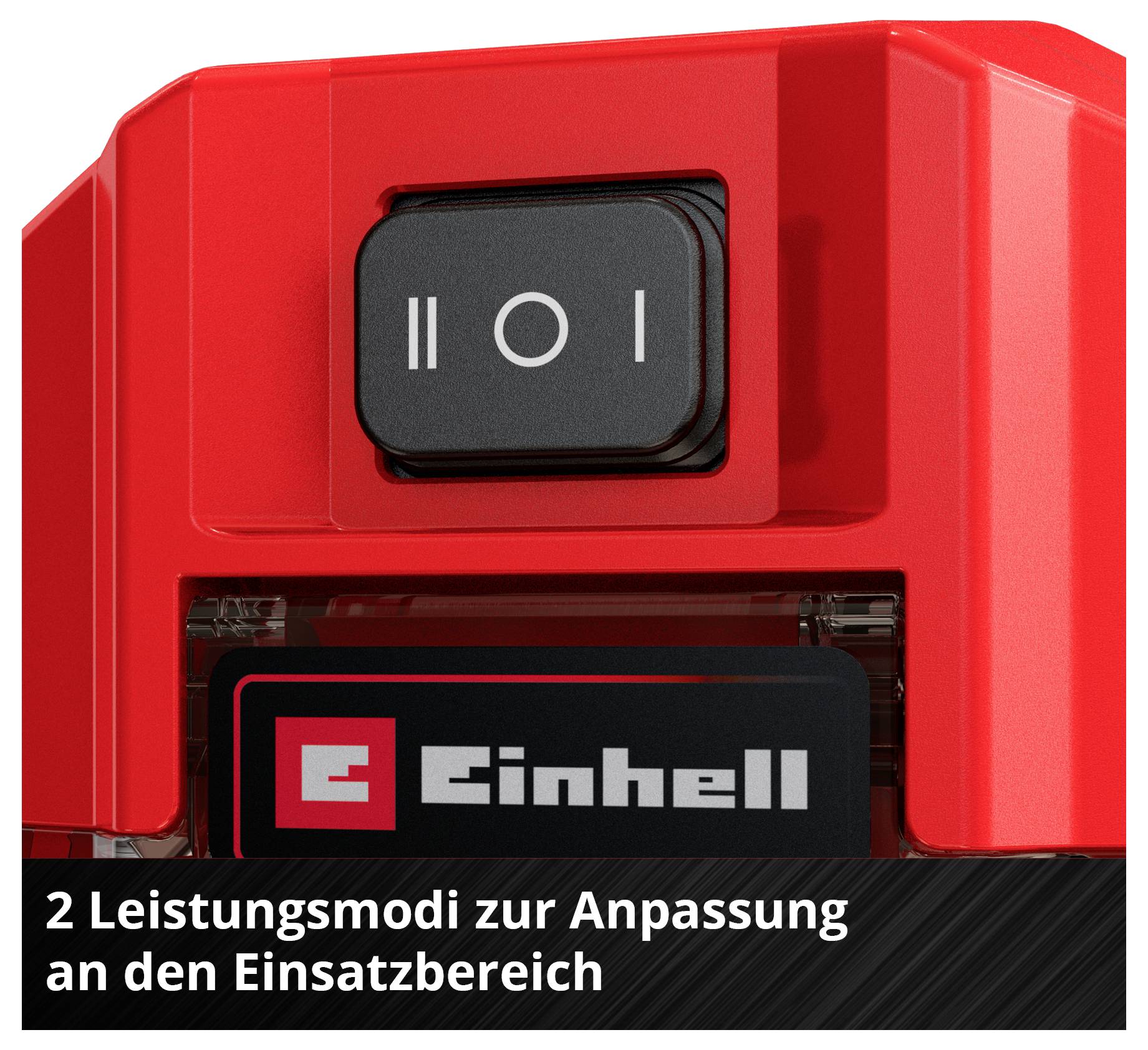 Rotes Einhell-Gerät mit Ein-/Ausschalter und zwei Leistungsmodi; unten der Text '2 Leistungsmodi zur Anpassung an den Einsatzbereich'.