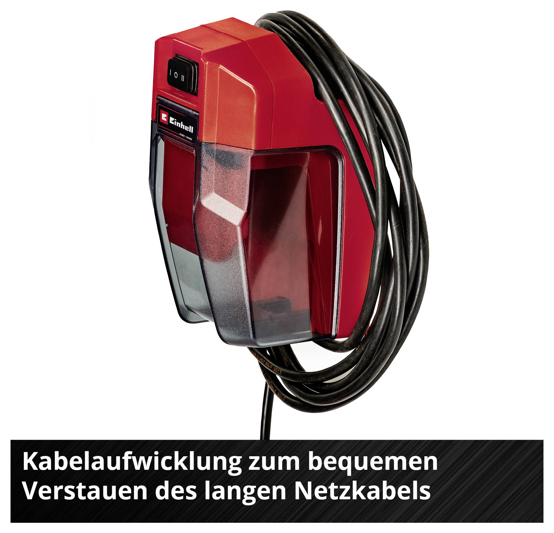 Rote Kabelaufwicklung mit aufgewickeltem langem Netzkabel; Text: 'Kabelaufwicklung zum bequemen Verstauen des langen Netzkabels'