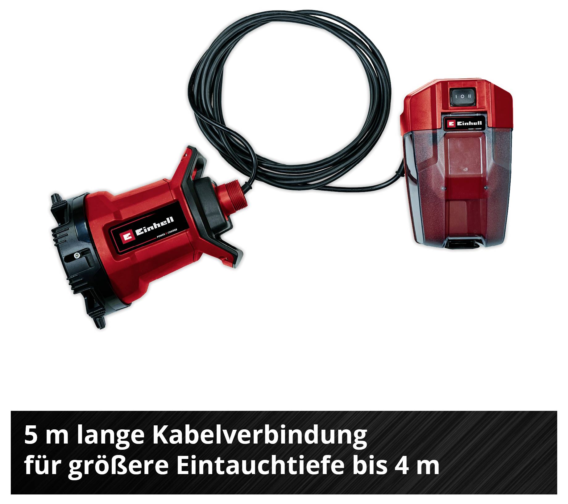 Rote Einhell Tauchpumpe, zylindrische Form, mit schwarzem Kabel. Markant durch robuste Bauweise und glatte Kunststoffoberfläche.