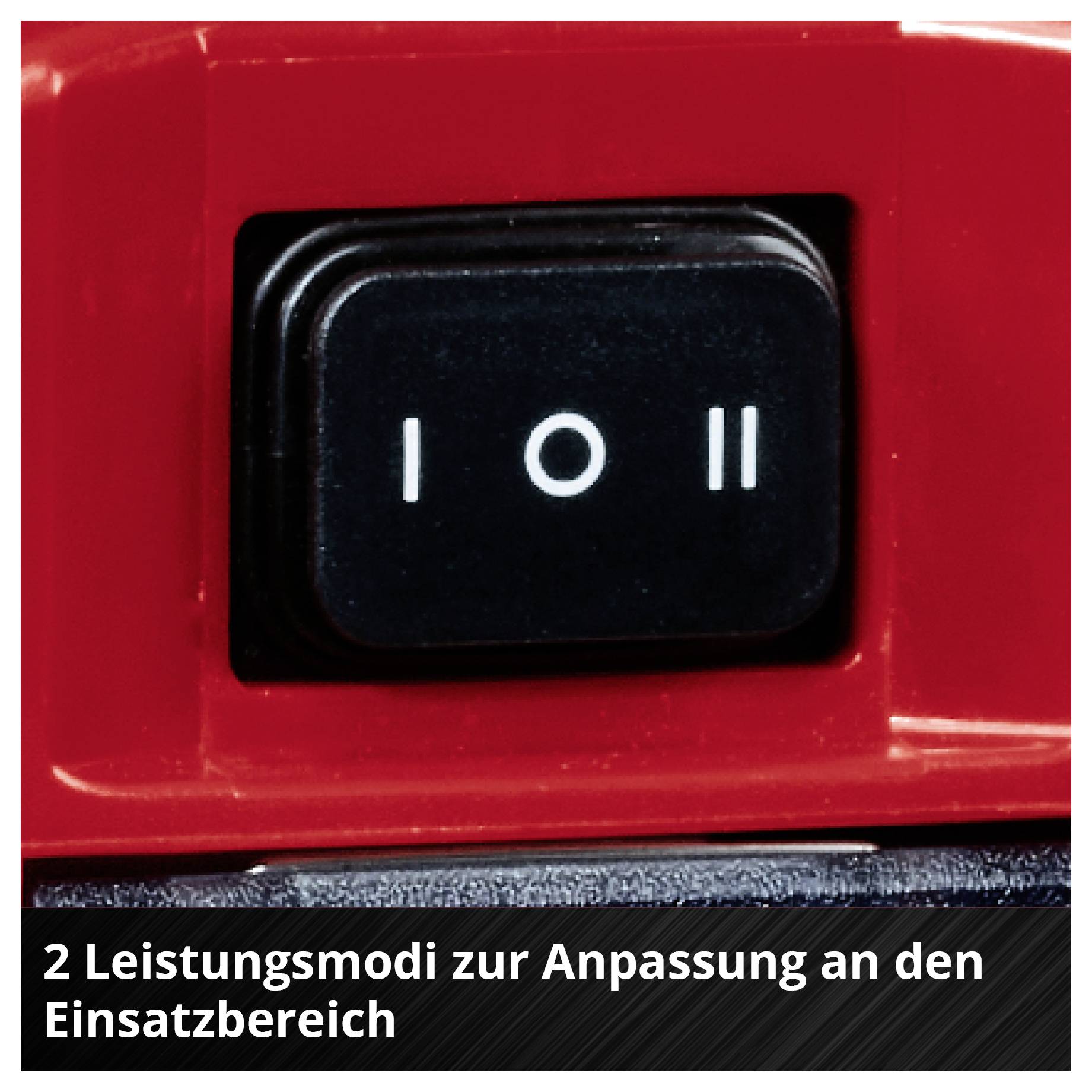 Schalter mit den Stufen I, 0 und II auf rotem Gerät; Beschriftung: '2 Leistungsmodi zur Anpassung an den Einsatzbereich'.