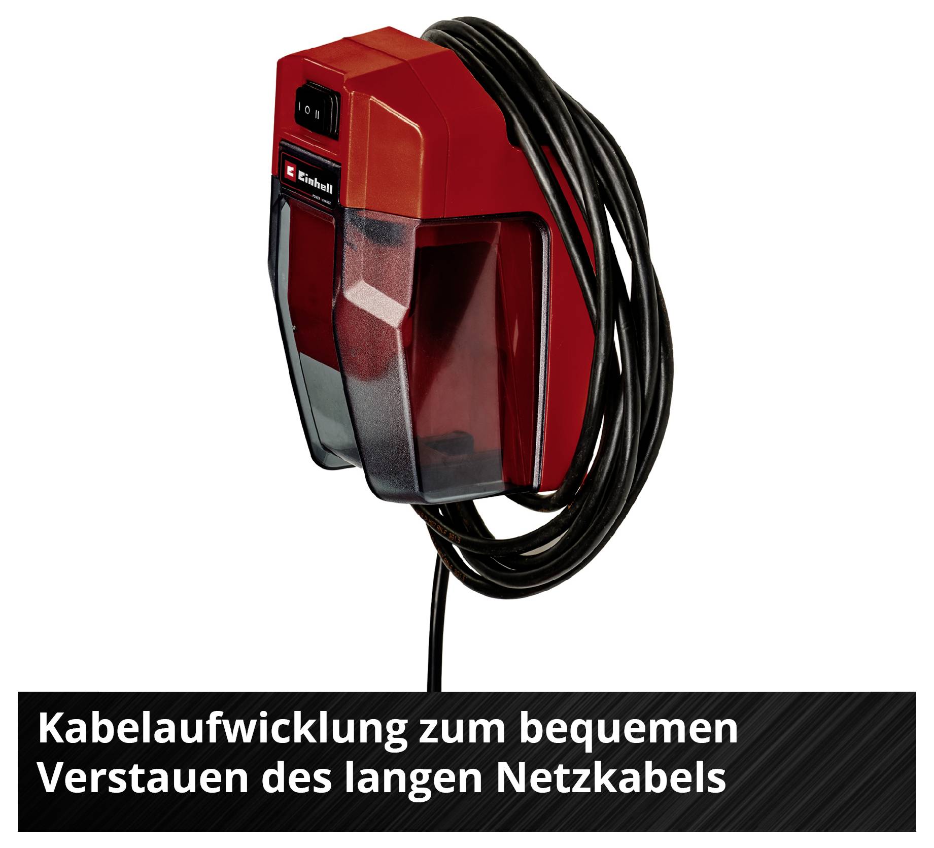 Rotes Kabelaufwickelgerät mit langem Netzkabel; darunter der Text 'Kabelaufwicklung zum bequemen Verstauen des langen Netzkabels'.
