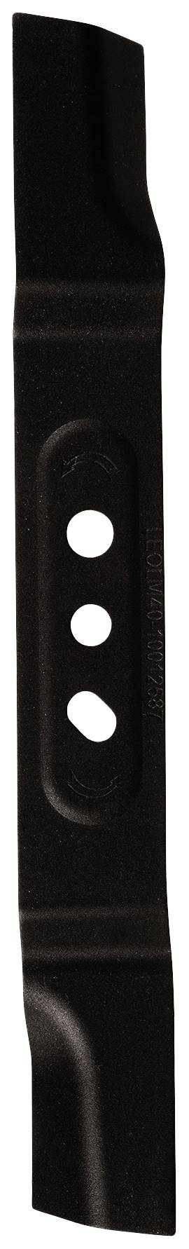 Rasenmäher-Messer mit drei runden Löchern in der Mitte, aus Metall, leicht gebogene Kante auf einem weißen Hintergrund.