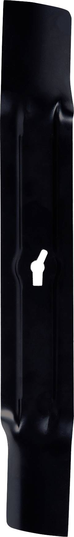 Ein schwarzes, längliches Metallteil mit einer zentralen Öffnung, das wie ein Mähmesser aussieht.